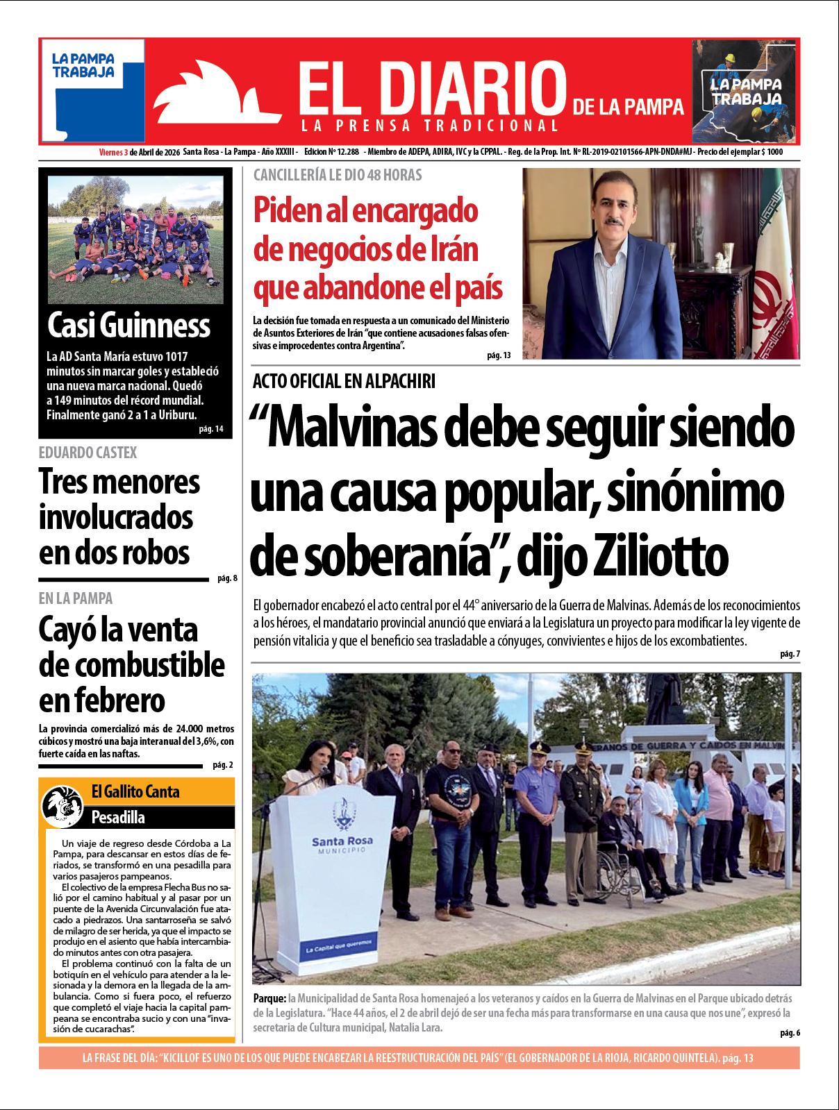 Tapa de El Diario en papel  viernes 03 de abril de 2026